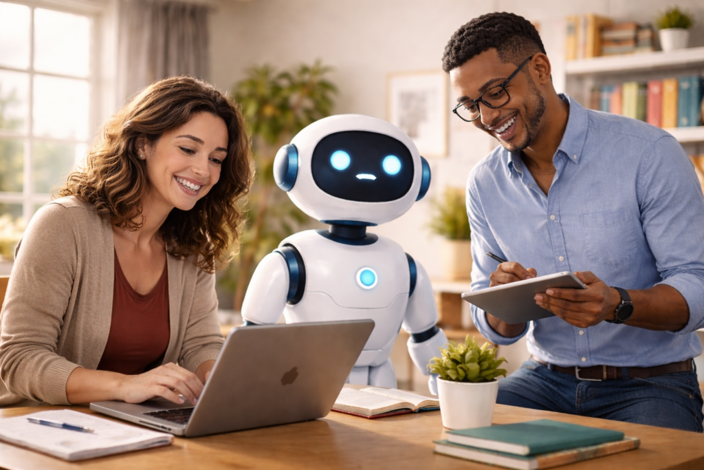 os profesionales adultos mayores de 35 años trabajando juntos en un espacio tranquilo, revisando contenidos educativos en una laptop, con ambiente natural y enfoque reflexivo.