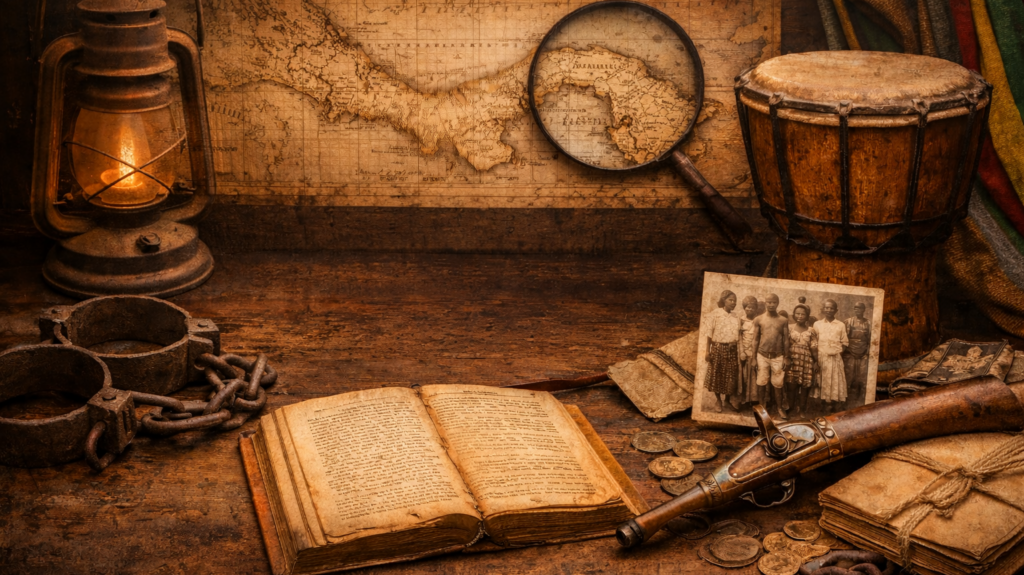 Imagen realista de objetos históricos relacionados con la presencia africana en Panamá: un mapa antiguo, un libro envejecido, un farol encendido, un tambor tradicional, cadenas antiguas y una fotografía histórica, dispuestos sobre una mesa de madera con iluminación cálida que evoca el pasado.